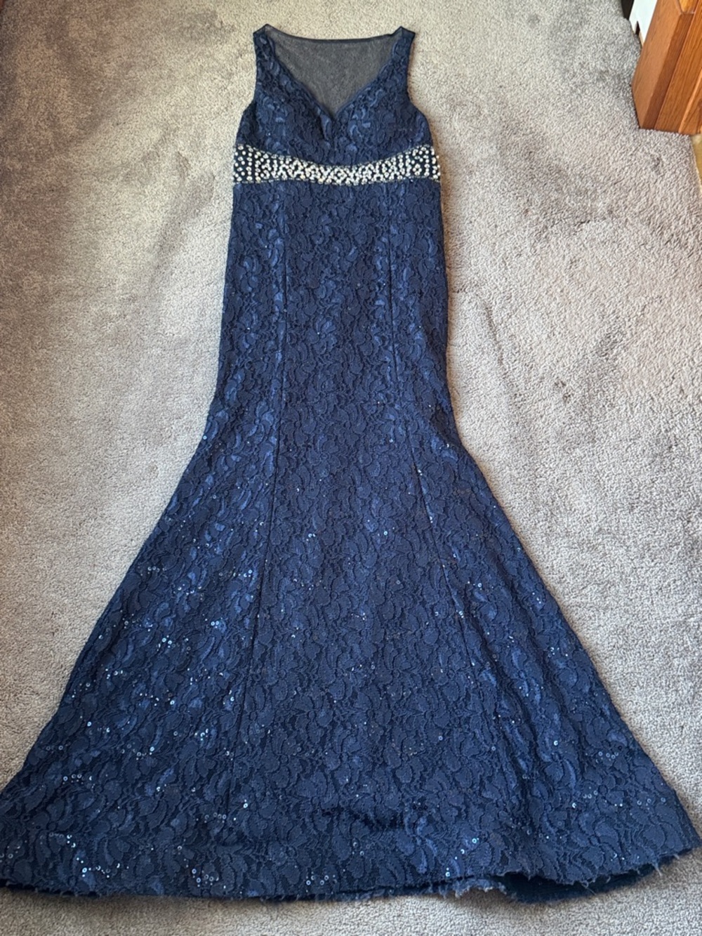 My Michelle Navy Lace Beaded Waist Formal Maxi Dress SIZE 11